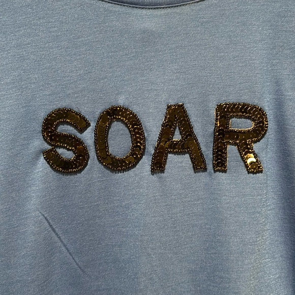 “SOAR” Black Sequined, Royal Blue, Wide Neck, Short Sleeve Dolman Shirt - Picture 4 of 5